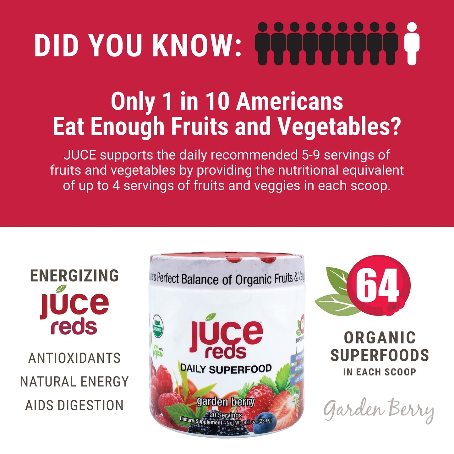JUCE Reds Organic Superfood Powder - Garden Berry Flavor | Fruit and Veggie Powder - Maple Wellness Supplements