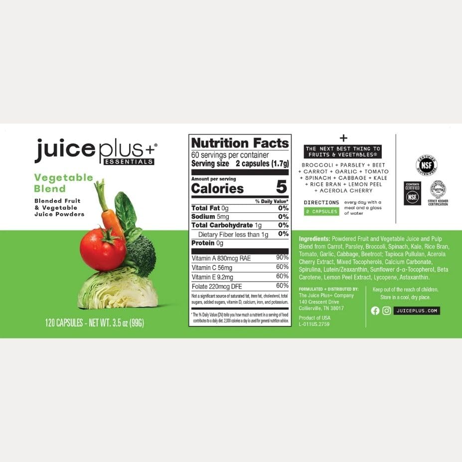 Juice Plus+ Vegetable Blend: with Broccoli, Parsley, Tomato & More - Plant-Based, Vegan, Gluten-Free, Non-GMO, Kosher - for Heart, Immune, Cognitive & Skin Health - 1 Bottle (60 Servings) - Maple Wellness Supplements