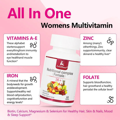 JulyDeer One Daily Tablet Multivitamin for Women - Complete Multimineral with Vitamin A, C, D, E and B-Complex, Zinc & More for Women's Immunity - Maple Wellness Supplements