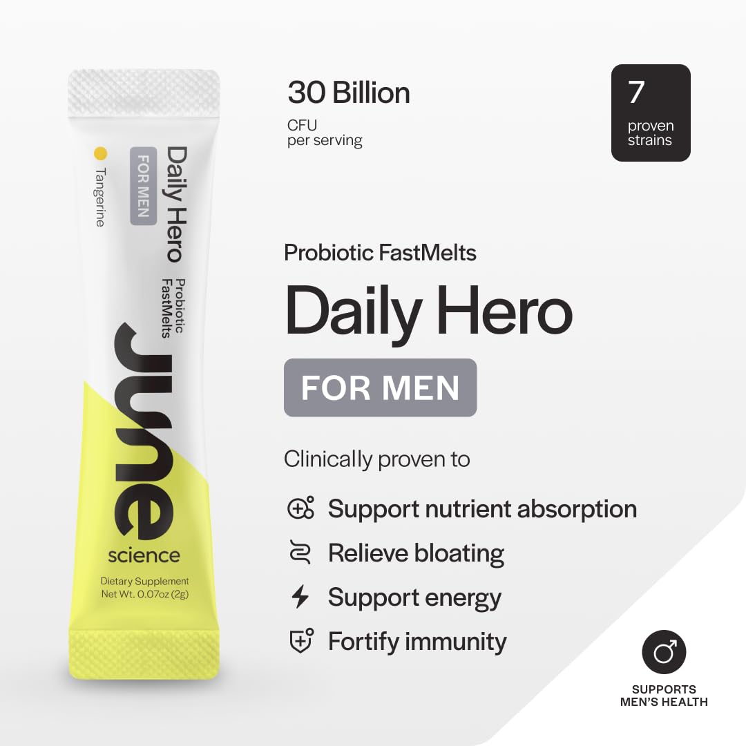 June Science Daily Hero for Men | Fast Melt Pre + Probiotic for Men - Tangerine Flavor, 30 Powder Sachets - Maple Wellness Supplements