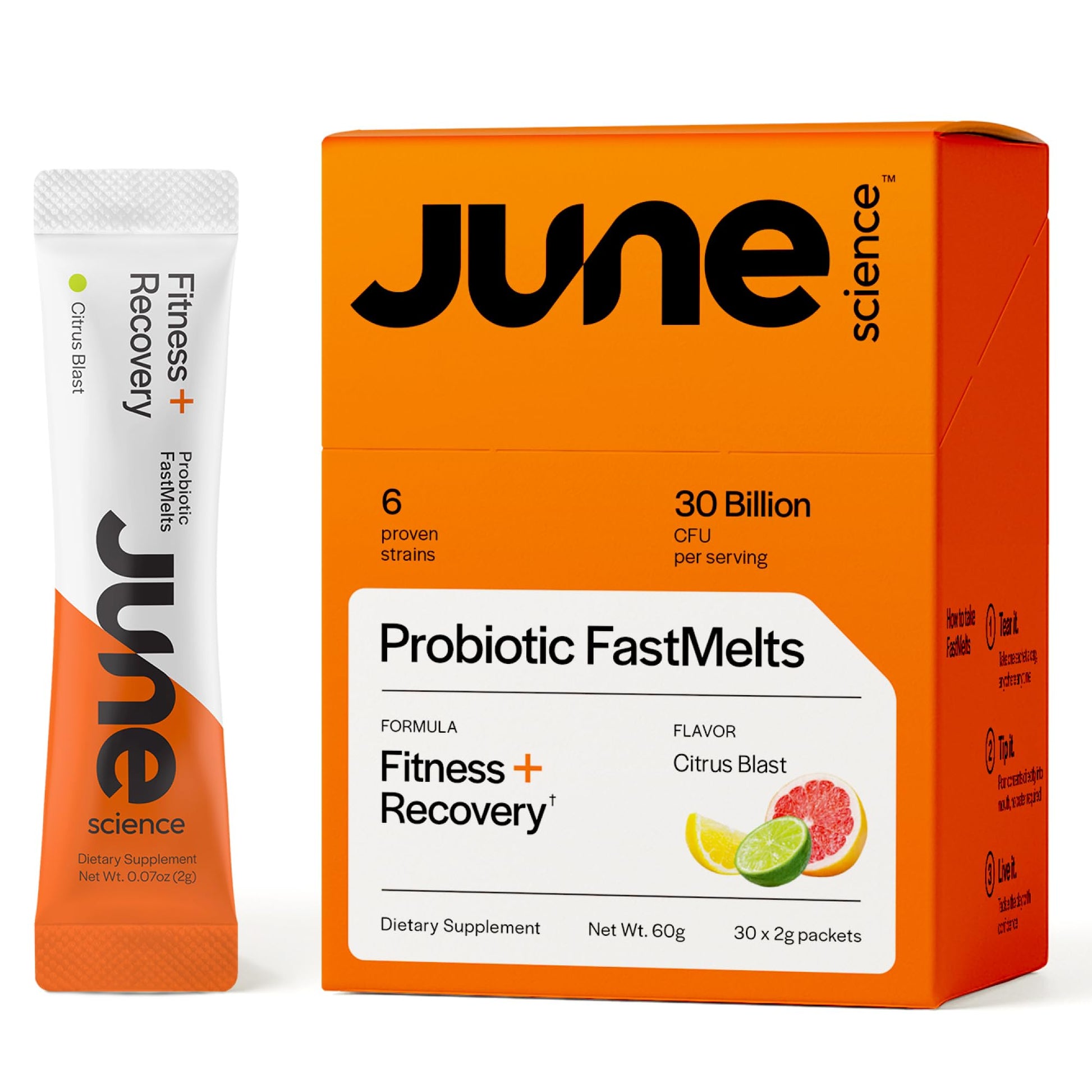 June Science Fitness + Recovery | Fast Melt Pre + Probiotic for Muscle Recovery + Training - Citrus Blast Flavor, 30 Powder Sachets - Maple Wellness Supplements