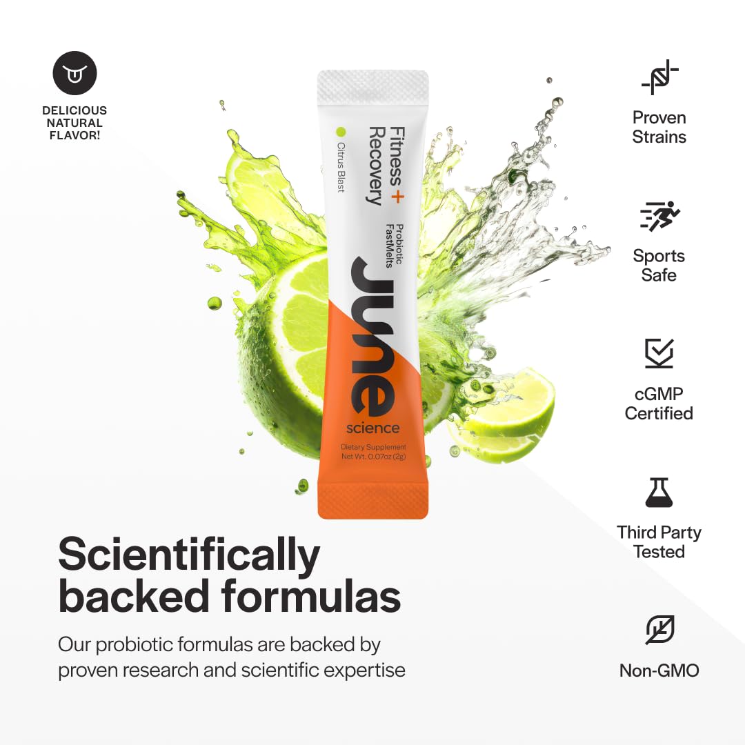 June Science Fitness + Recovery | Fast Melt Pre + Probiotic for Muscle Recovery + Training - Citrus Blast Flavor, 30 Powder Sachets - Maple Wellness Supplements