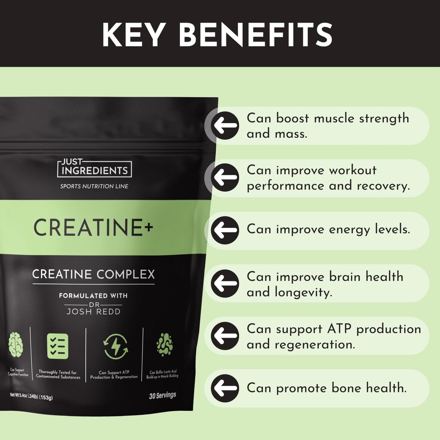JUST INGREDIENTS Creatine Monohydrate Powder with Rejen Fulvic Mineral Complex - Supports Muscle Recovery, Energy, Strength, Cognitive Function - 30 Servings - Maple Wellness Supplements