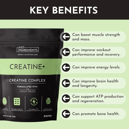 JUST INGREDIENTS Creatine Monohydrate Powder with Rejen Fulvic Mineral Complex - Supports Muscle Recovery, Energy, Strength, Cognitive Function - 30 Servings - Maple Wellness Supplements