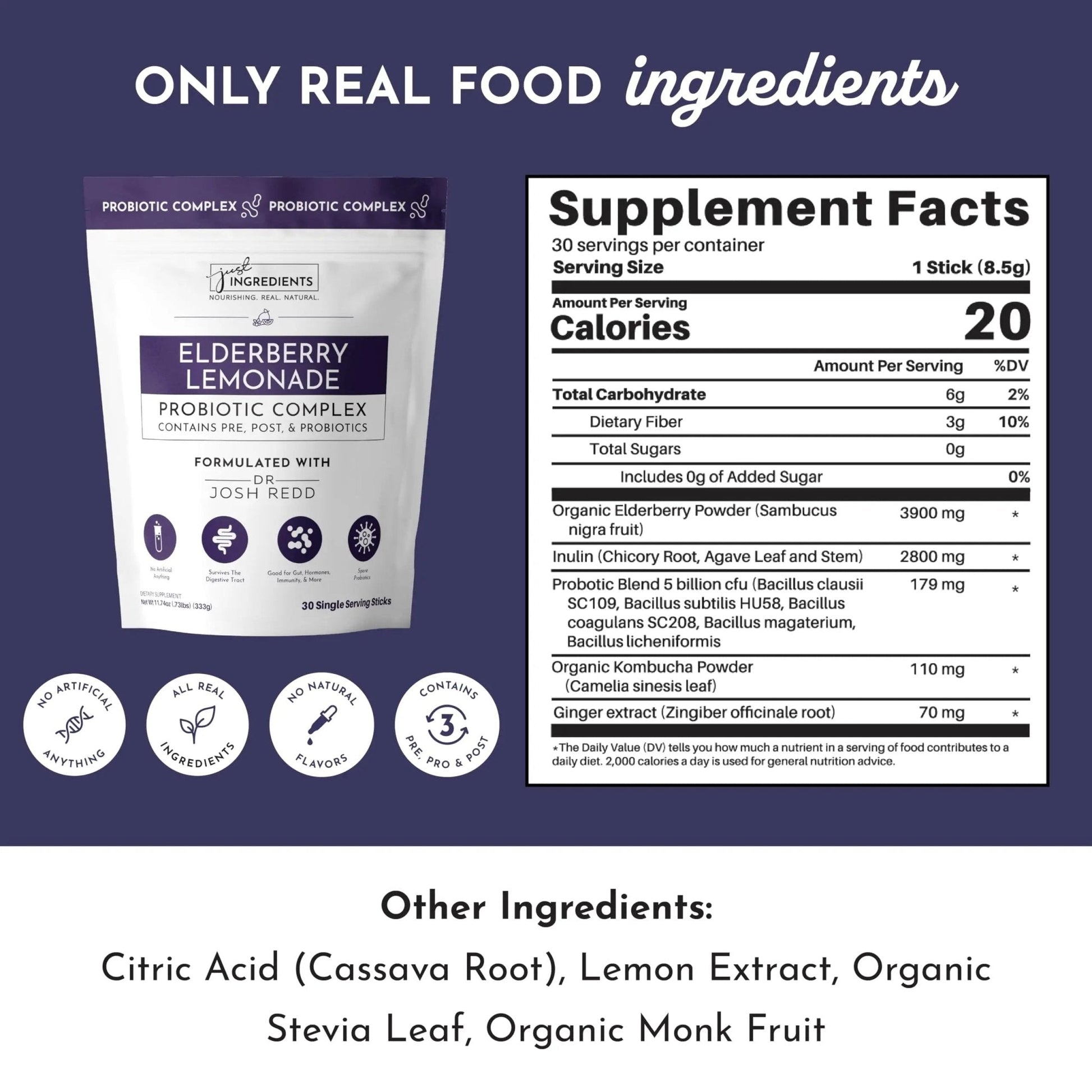 JUST INGREDIENTS Elderberry Lemonade 3-in-1 Probiotic Complex - Prebiotics, Probiotics & Postbiotics - 30 Sticks - Maple Wellness Supplements