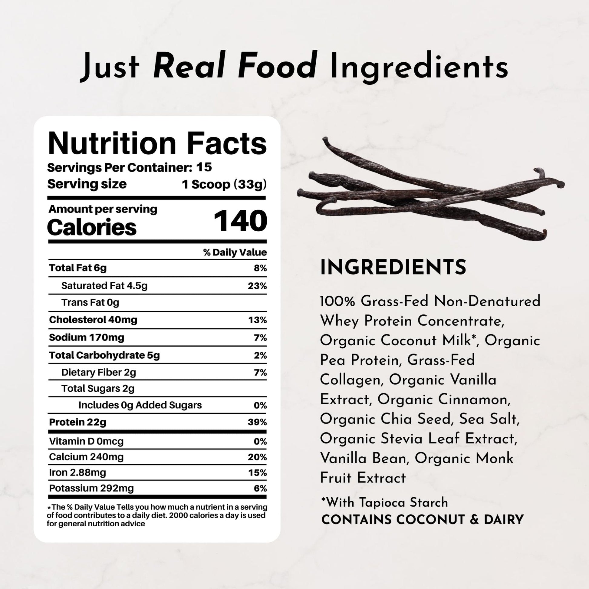 JUST INGREDIENTS Vanilla Protein Powder - Grass-Fed Whey Blend, Organic, Gluten Free, Dairy Free, Soy Free - 15 Servings, 22g Protein - Maple Wellness Supplements
