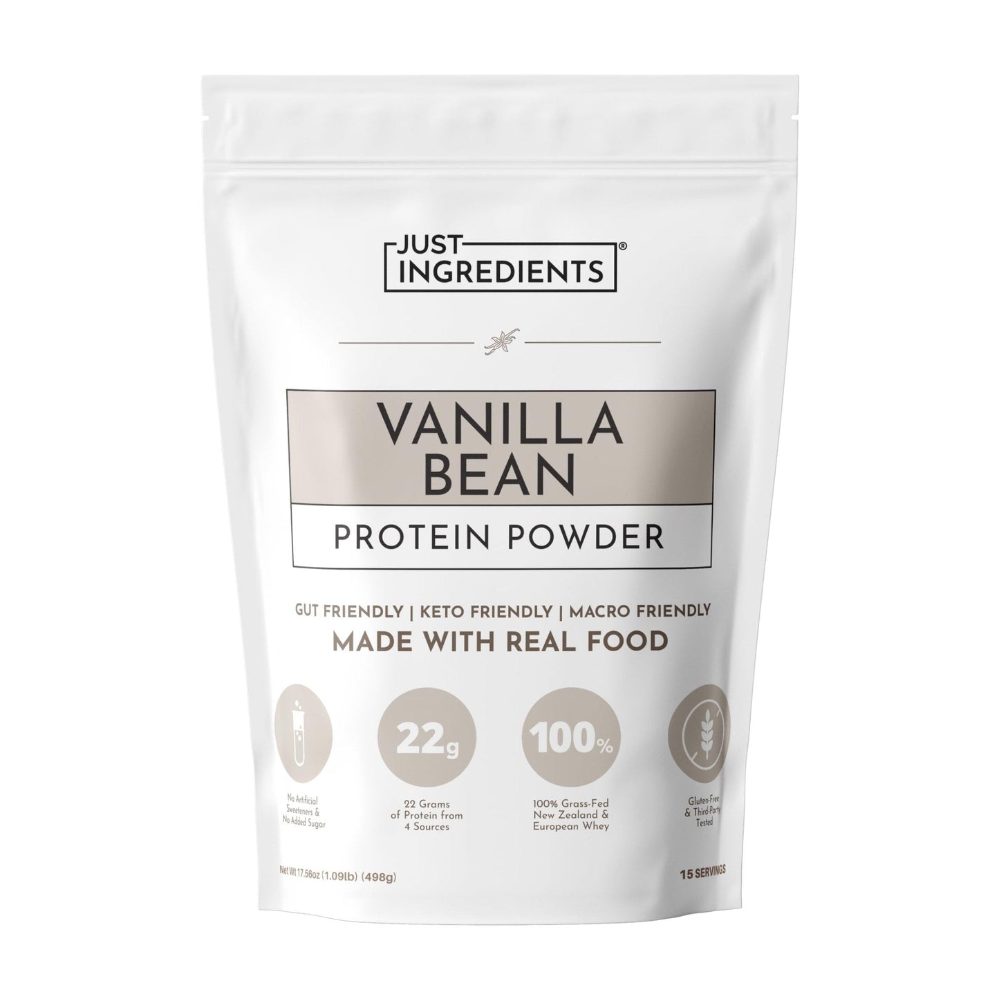 JUST INGREDIENTS Vanilla Protein Powder - Grass-Fed Whey Blend, Organic, Gluten Free, Dairy Free, Soy Free - 15 Servings, 22g Protein - Maple Wellness Supplements