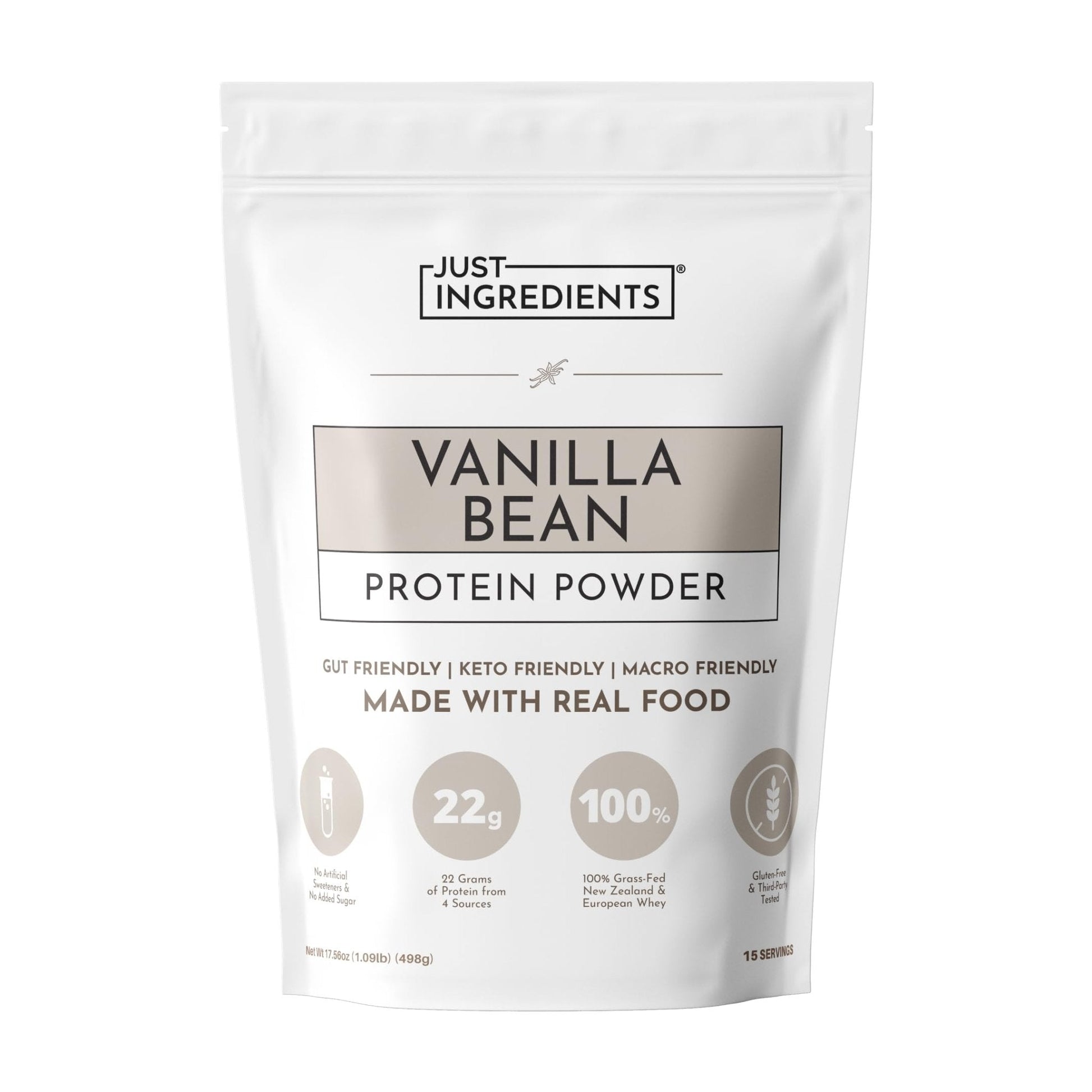 JUST INGREDIENTS Vanilla Protein Powder - Grass-Fed Whey Blend, Organic, Gluten Free, Dairy Free, Soy Free - 15 Servings, 22g Protein - Maple Wellness Supplements