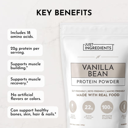 JUST INGREDIENTS Vanilla Protein Powder - Grass-Fed Whey Blend, Organic, Gluten Free, Dairy Free, Soy Free - 15 Servings, 22g Protein - Maple Wellness Supplements