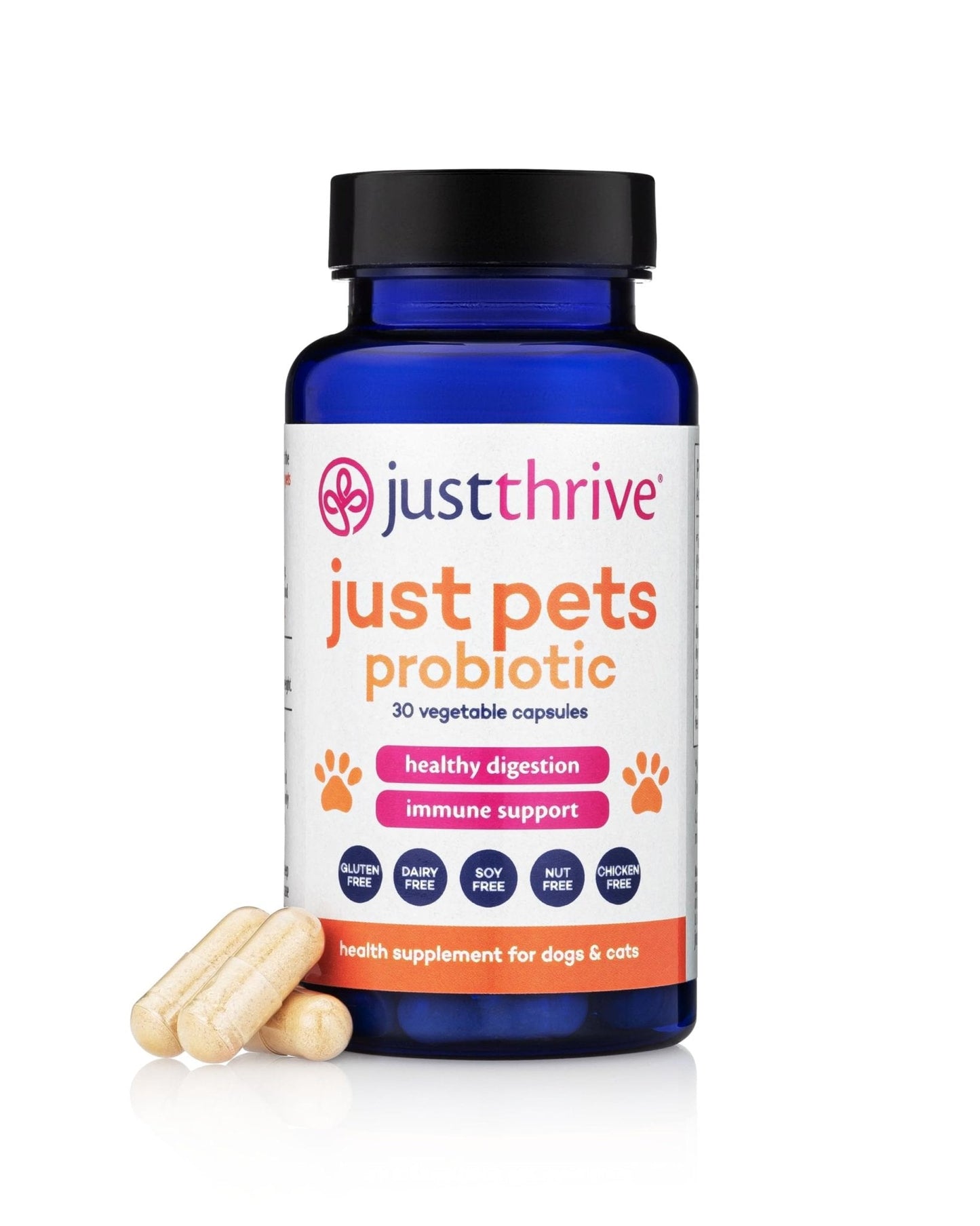 Just Thrive Just Pets Probiotic - Daily Digestive Probiotics for Dogs and Cats - 4 Billion CFUs Pet Probiotic, 30 Capsules - Maple Wellness Supplements