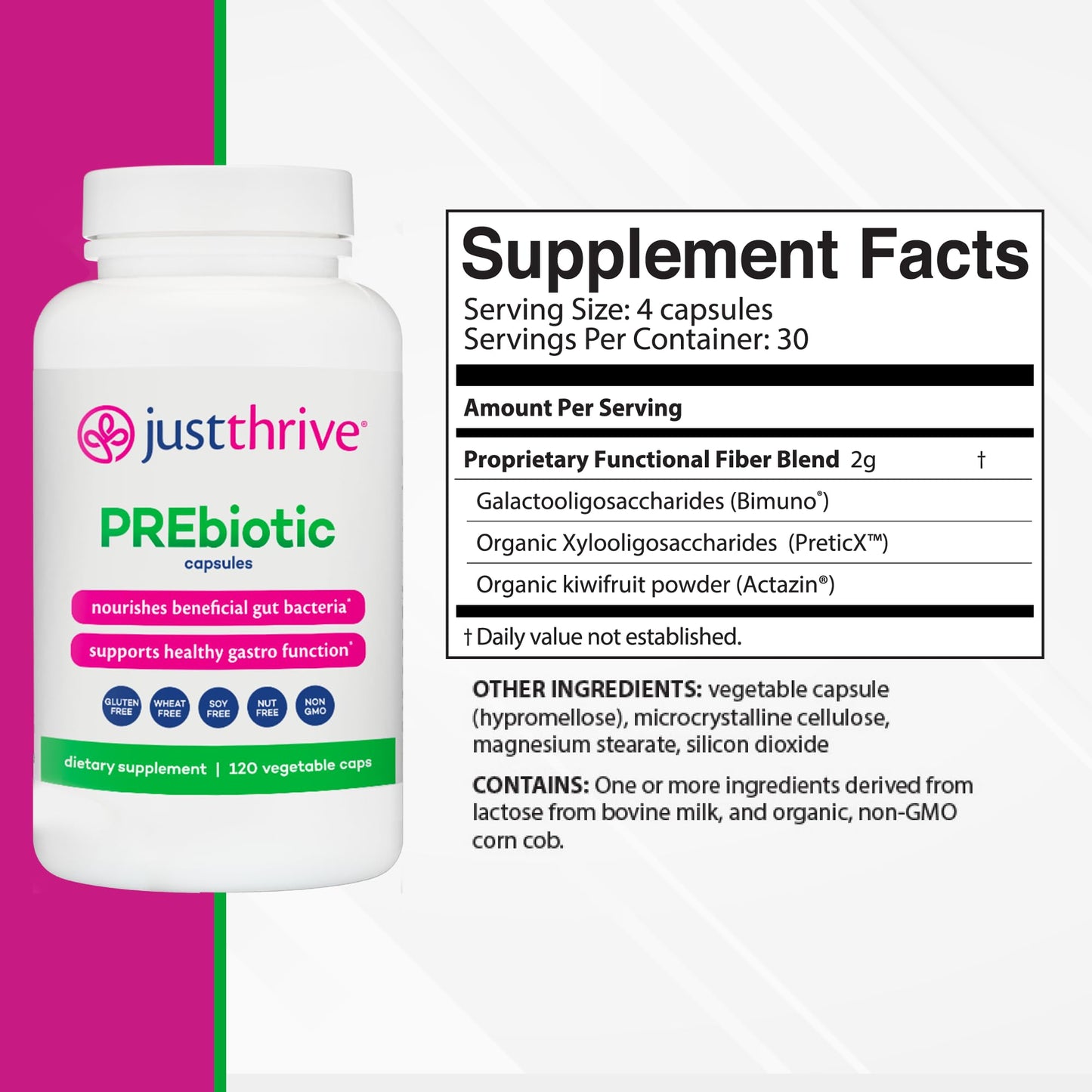 Just Thrive PREbiotic Capsules - Prebiotic Blend for Gut Health and Immune Support, 120 Caps - Maple Wellness Supplements