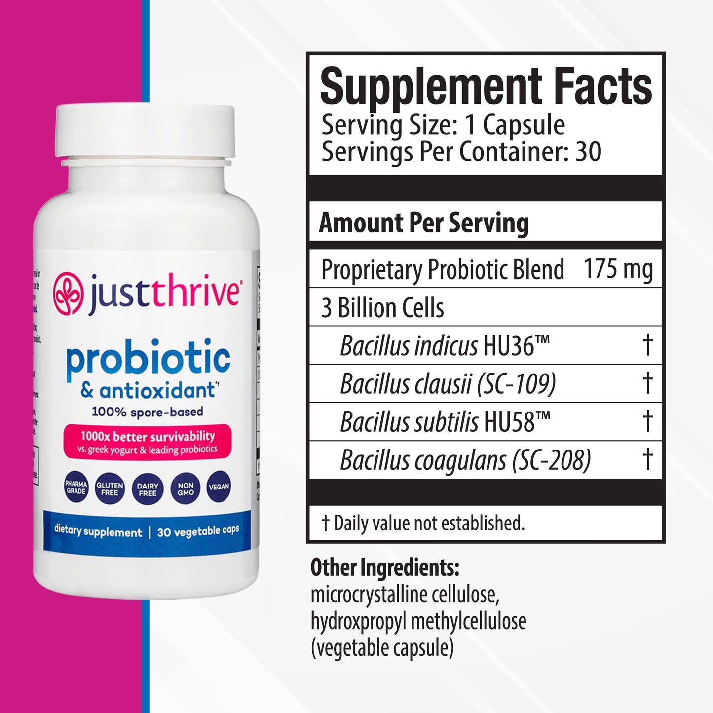 Just Thrive Probiotic & Antioxidant Supplement - 100% Spore-Based Digestive and Immune Support - Gluten Free, 30 Caps - Maple Wellness Supplements