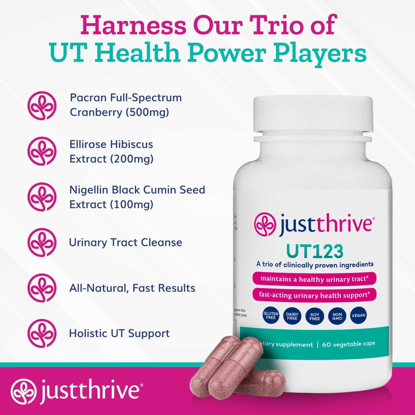 Just Thrive UT123 - Supports Urinary Tract Health for Women - Made with Cranberry, 60 Capsules - Maple Wellness Supplements