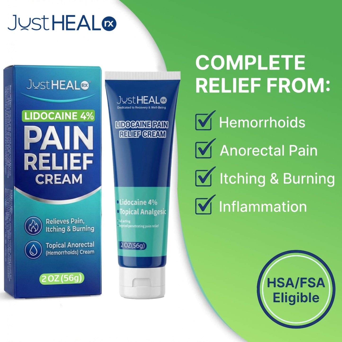 JustHeal RX Lidocaine Cream for Hemorrhoids | 2 OZ Tube – Fast-Acting 4% Lidocaine Numbing Cream & Topical Analgesic Cream for Anorectal Itch Relief | OTC Lidocaine Cream Maximum Strength - Maple Wellness Supplements