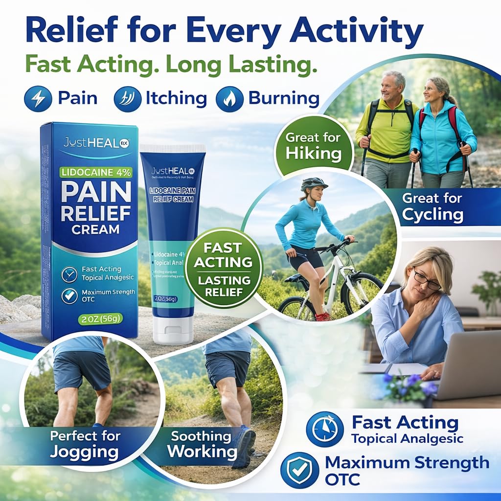 JustHeal RX Lidocaine Cream for Hemorrhoids | 2 OZ Tube – Fast-Acting 4% Lidocaine Numbing Cream & Topical Analgesic Cream for Anorectal Itch Relief | OTC Lidocaine Cream Maximum Strength - Maple Wellness Supplements