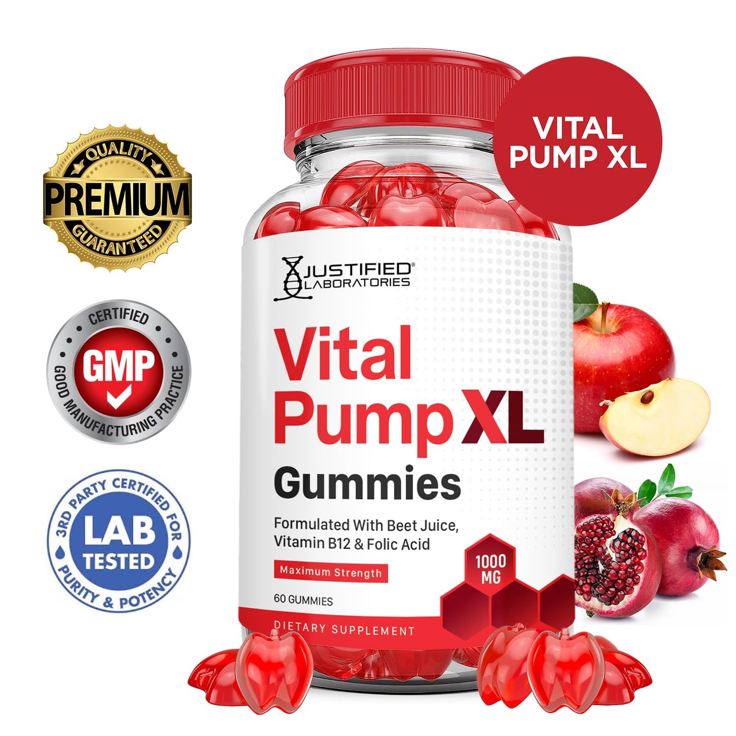 Justified Laboratories (5 Pack) Vital Pump XL Performance Gummies 1000MG Advanced Formula Vital PumpXL Formulated with Beet Juice ACV Pomegranate Beet Powder B12 Vegan Non GMO 300 Gummys - Maple Wellness Supplements