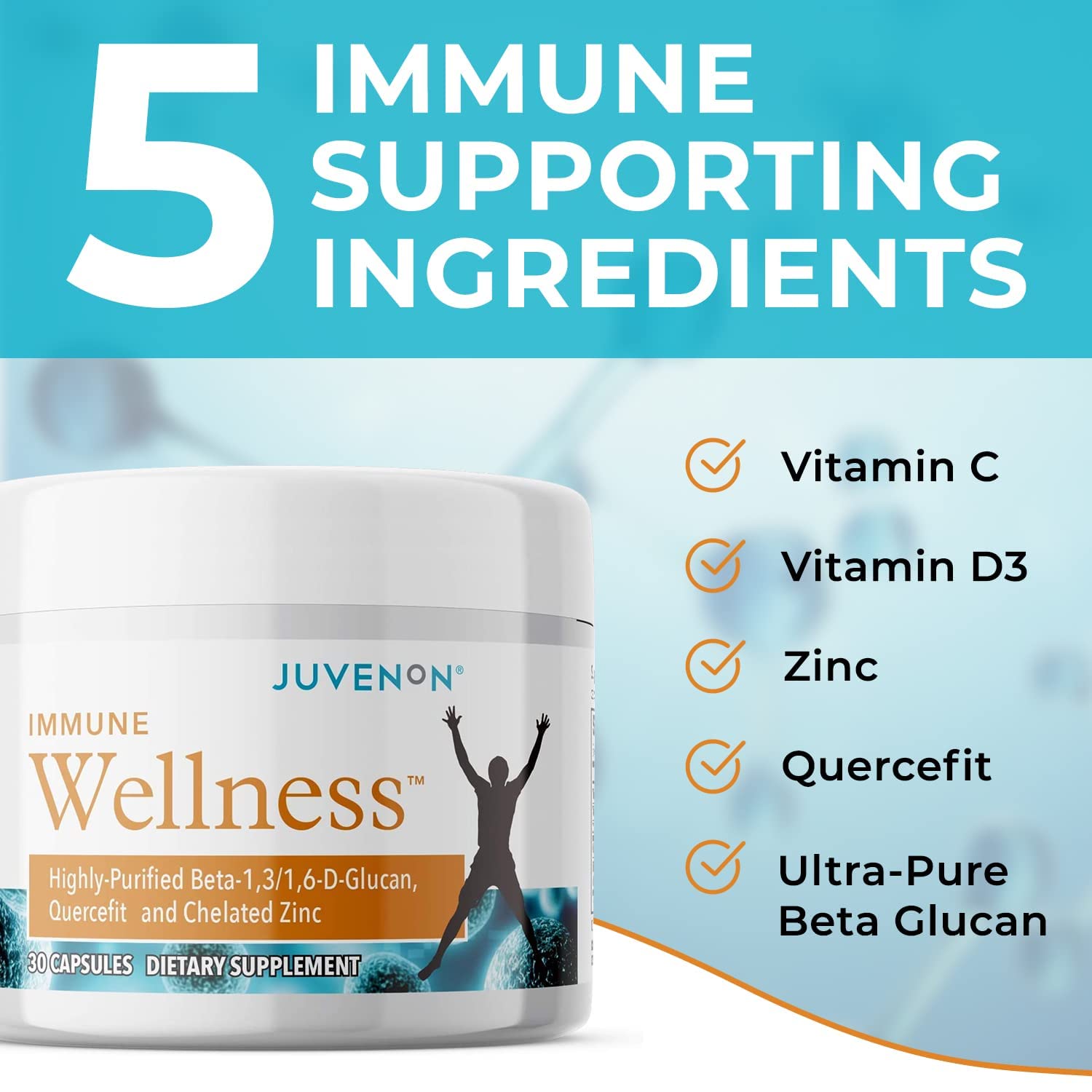 Juvenon Immune Wellness Defense Supplement with Vitamin C, Chelated Zinc Immune Booster Antioxidant Benefits for Adults, Healthy Aging, Heart Health, 30 Capsules - Maple Wellness Supplements