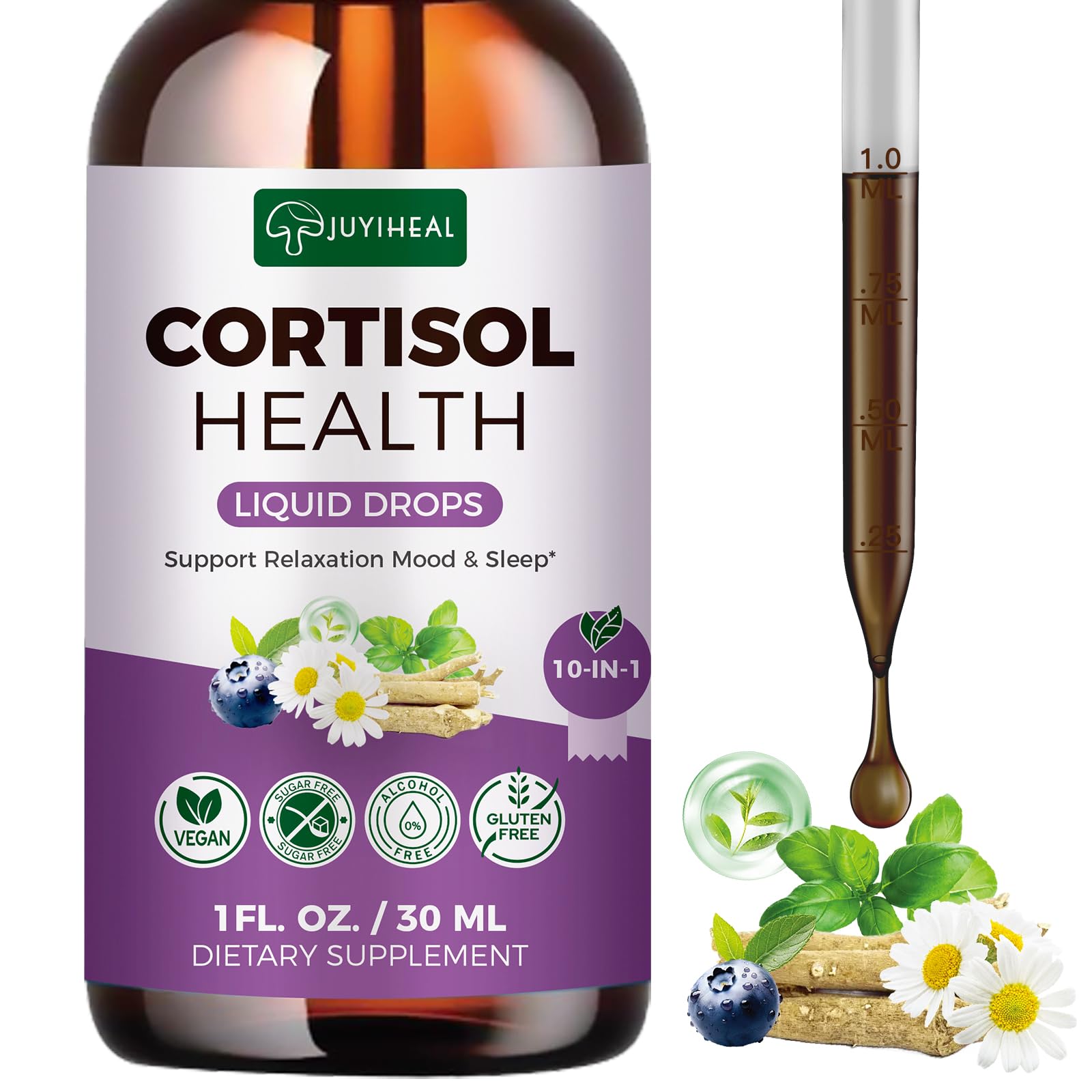 JUYIHEAL Cortisol Supplements, 10 in 1 Cortisol Detox Manager Reducer Hormone Balance Liquid Drops with Ashwagandha, Magnesium, L-theanine - Maple Wellness Supplements