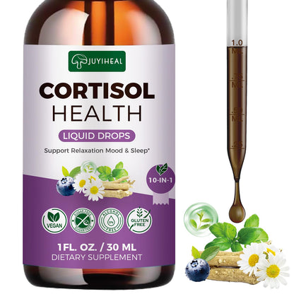 JUYIHEAL Cortisol Supplements, 10 in 1 Cortisol Detox Manager Reducer Hormone Balance Liquid Drops with Ashwagandha, Magnesium, L-theanine - Maple Wellness Supplements