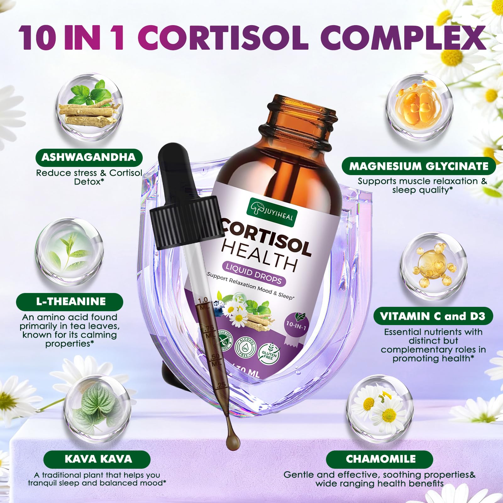 JUYIHEAL Cortisol Supplements, 10 in 1 Cortisol Detox Manager Reducer Hormone Balance Liquid Drops with Ashwagandha, Magnesium, L-theanine - Maple Wellness Supplements