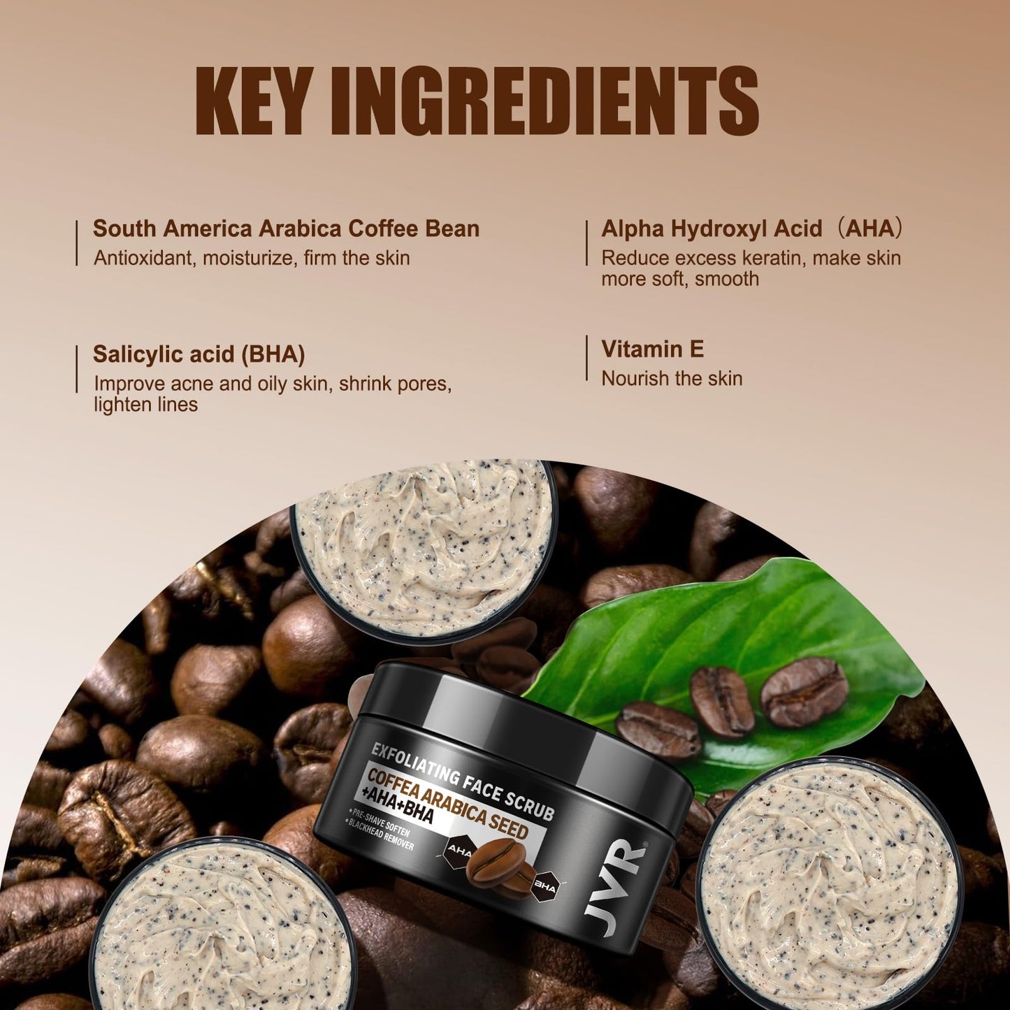 JVR Face Scrub for Men, Facial Scrub for Deep Exfoliating, Cleansing Blackheads, Ingrown Hair, Pre-shave Soften, Organic Formulated with Coffee Extract, AHA and BHA Face Exfoliator (4.23 oz) - Maple Wellness Supplements