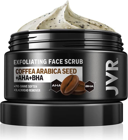JVR Face Scrub for Men, Facial Scrub for Deep Exfoliating, Cleansing Blackheads, Ingrown Hair, Pre-shave Soften, Organic Formulated with Coffee Extract, AHA and BHA Face Exfoliator (4.23 oz) - Maple Wellness Supplements