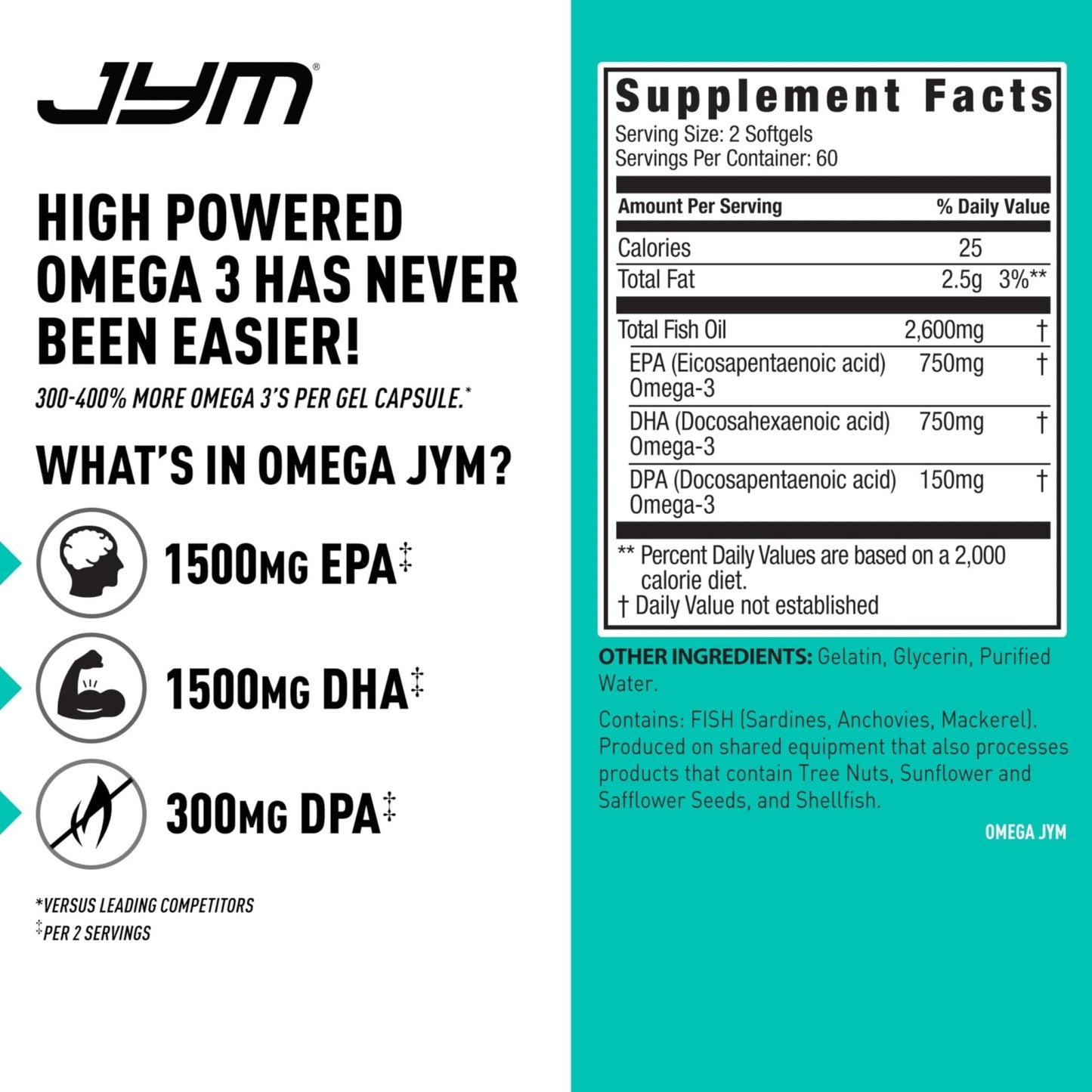 JYM Supplement Science Omega JYM Fish Oil 2800mg, High Potency Omega 3, EPA, DHA, DPA for Brain, Heart - Maple Wellness Supplements
