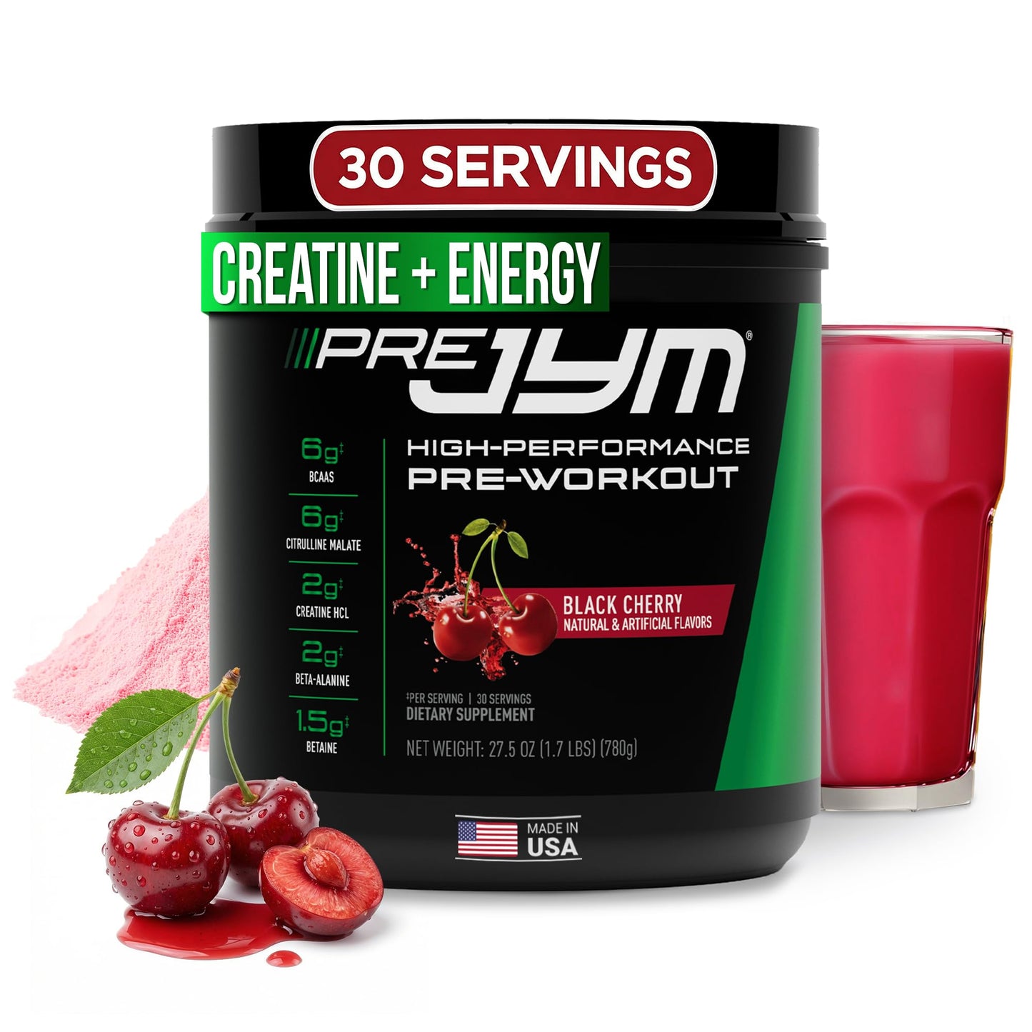 JYM Supplement Science Pre JYM Black Cherry Pre Workout Powder for Men & Women, BCAAs, Nootropics, Creatine HCI, Citrulline, Beta-Alanine, Betaine, Taurine, Huperzine, 30 Servings - Maple Wellness Supplements