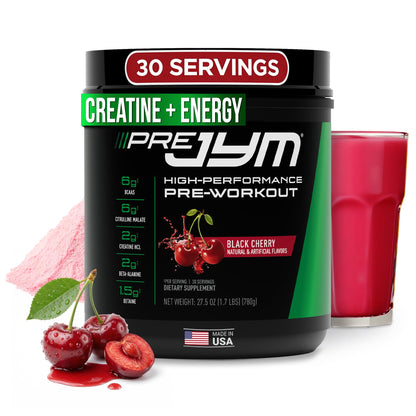 JYM Supplement Science Pre JYM Black Cherry Pre Workout Powder for Men & Women, BCAAs, Nootropics, Creatine HCI, Citrulline, Beta-Alanine, Betaine, Taurine, Huperzine, 30 Servings - Maple Wellness Supplements