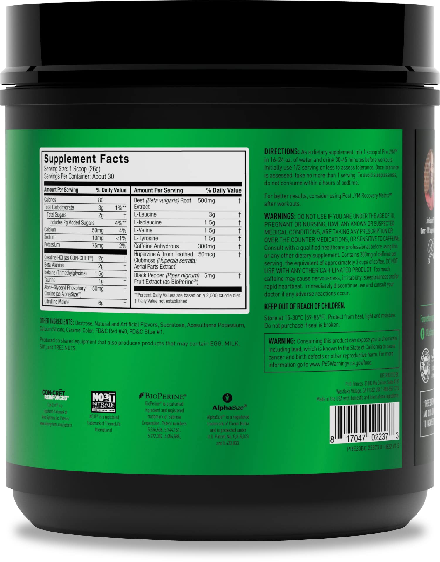 JYM Supplement Science Pre JYM Black Cherry Pre Workout Powder for Men & Women, BCAAs, Nootropics, Creatine HCI, Citrulline, Beta-Alanine, Betaine, Taurine, Huperzine, 30 Servings - Maple Wellness Supplements