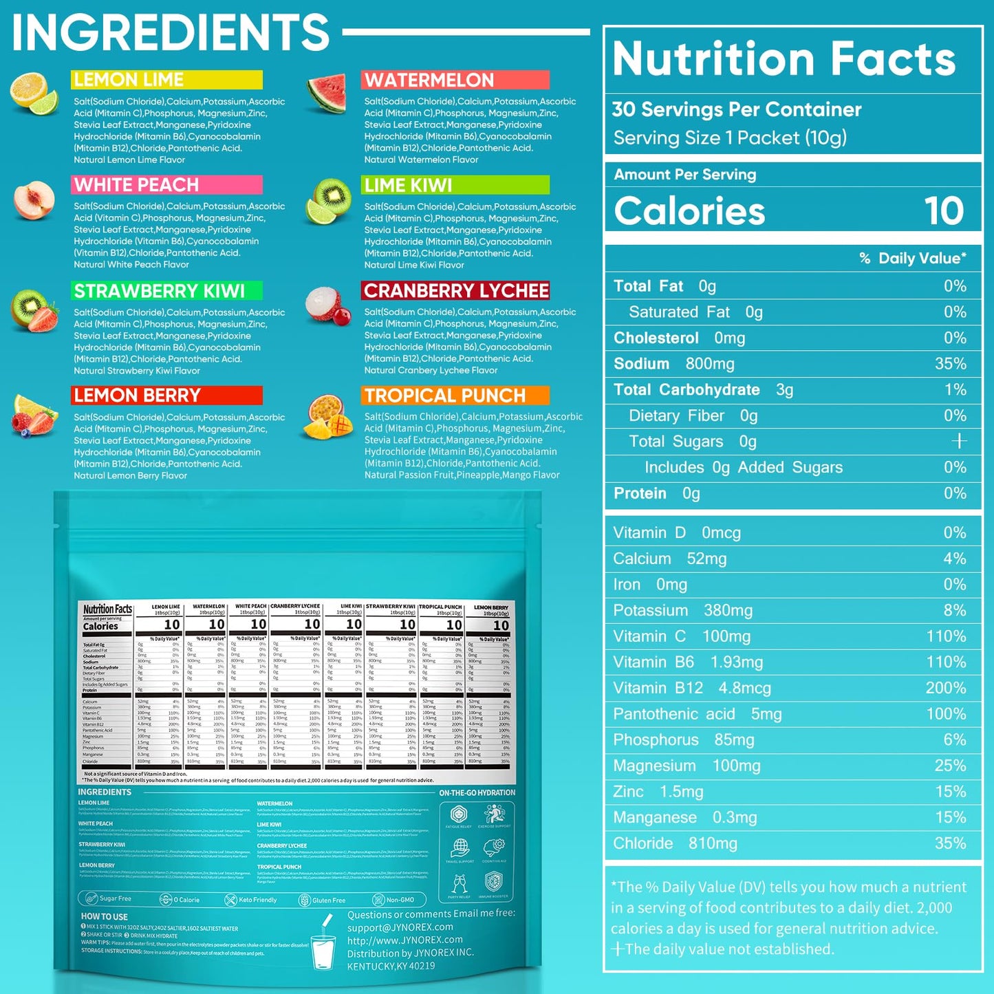 JYNOREX Electrolytes Powder Packets Sugar Free, 30 Sticks High Sodium Hydration Packets, Electrolyte Drink Mix with Lemon Lime Watermelon Peach Berry Kiwi - Maple Wellness Supplements