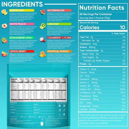 JYNOREX Electrolytes Powder Packets Sugar Free, 30 Sticks High Sodium Hydration Packets, Electrolyte Drink Mix with Lemon Lime Watermelon Peach Berry Kiwi - Maple Wellness Supplements