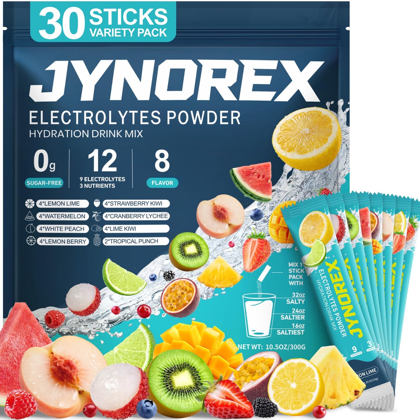 JYNOREX Electrolytes Powder Packets Sugar Free, 30 Sticks High Sodium Hydration Packets, Electrolyte Drink Mix with Lemon Lime Watermelon Peach Berry Kiwi - Maple Wellness Supplements