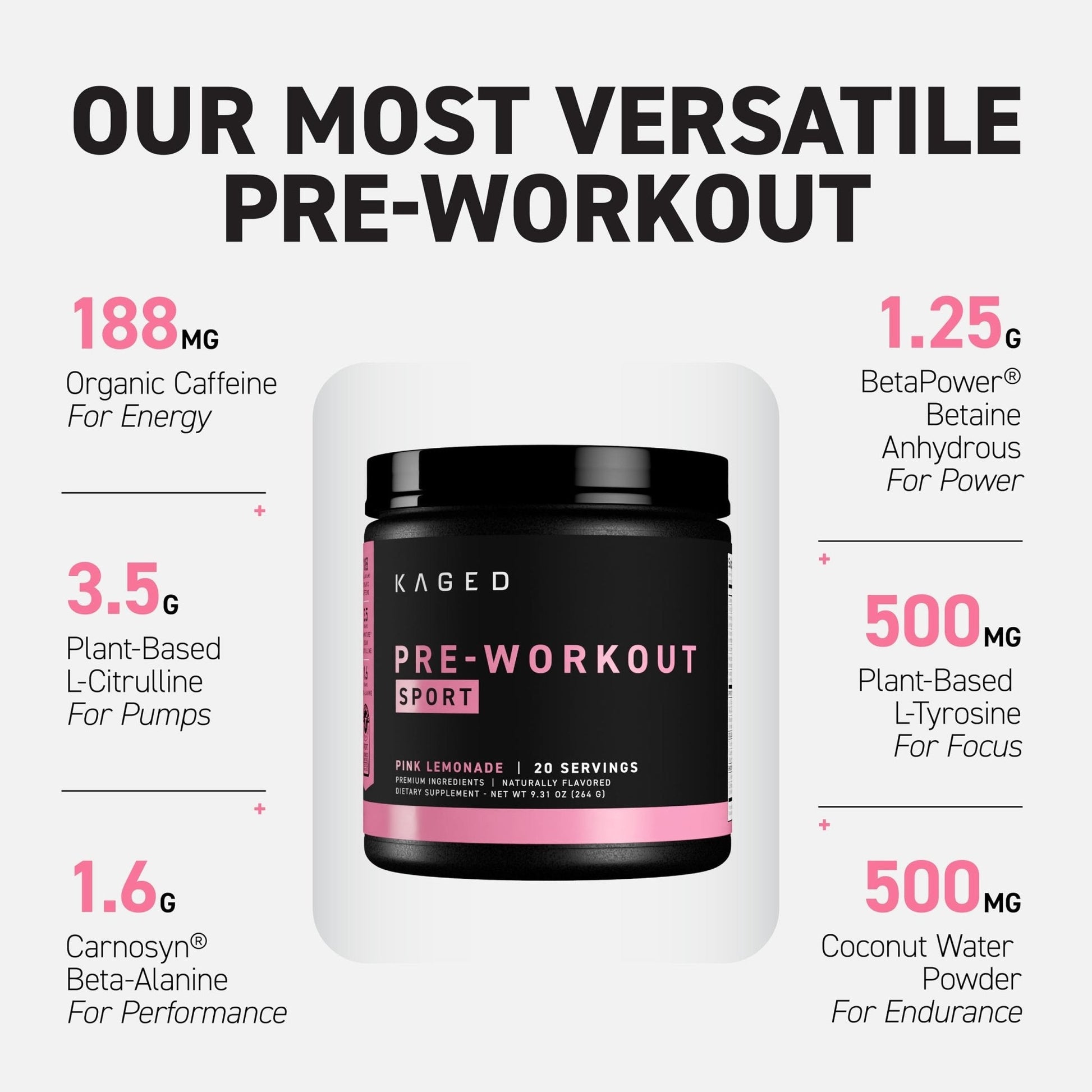 Kaged Sport Pre Workout Powder for Men & Women, Pink Lemonade, Sport Certified, 188mg Caffeine, Nitric Oxide, Beta Alanine, 20 Servings - Maple Wellness Supplements