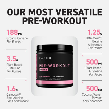 Kaged Sport Pre Workout Powder for Men & Women, Pink Lemonade, Sport Certified, 188mg Caffeine, Nitric Oxide, Beta Alanine, 20 Servings - Maple Wellness Supplements