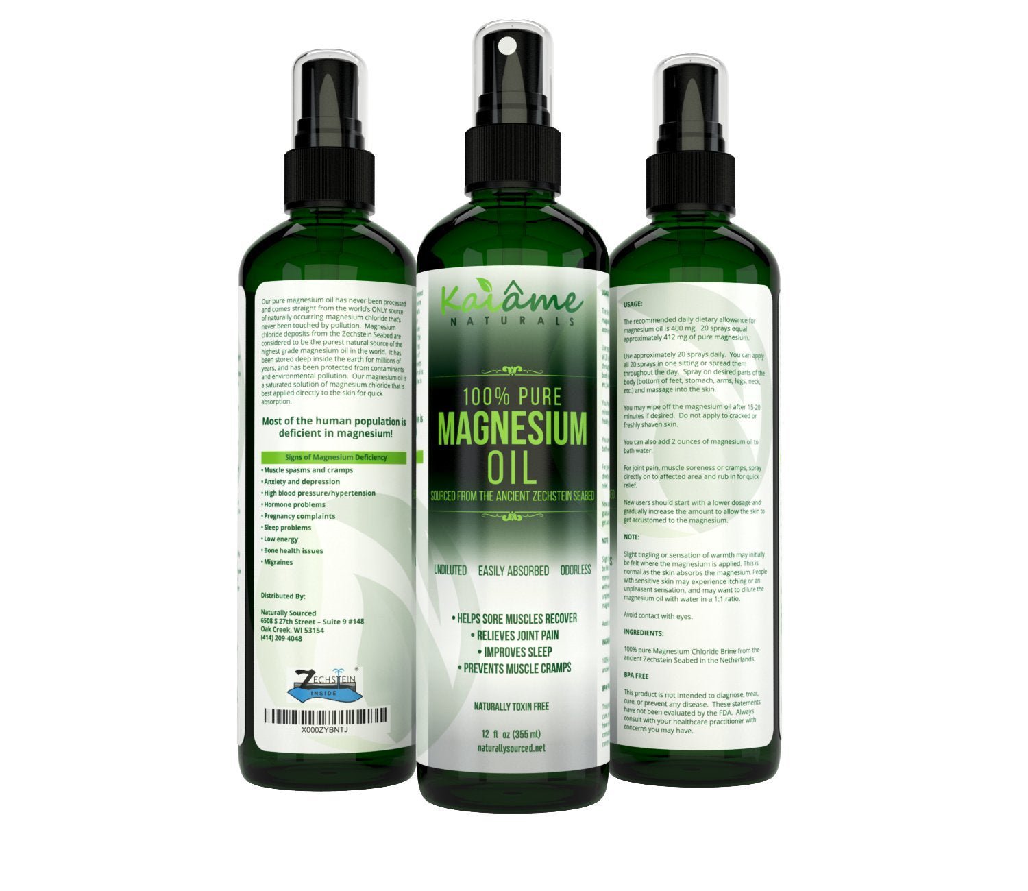 Kaiame Naturals Magnesium Oil Spray, Large 12 oz, Undiluted, Pure and Organic, Sourced from Ancient Zechstein Seabed - Maple Wellness Supplements