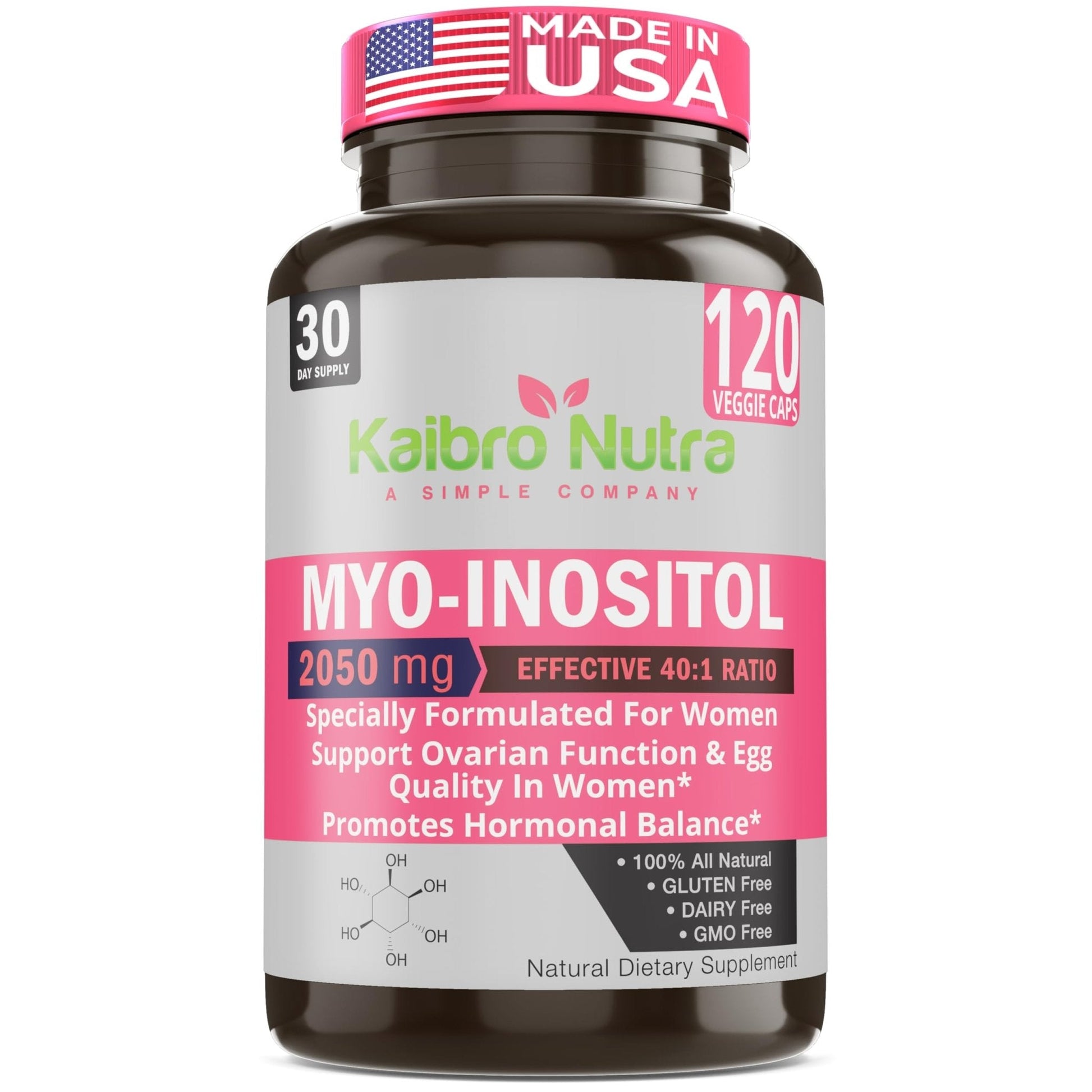 Kaibro Nutra Myo-Inositol Supplement, Myo-Inositol & D-Chiro Inositol 40:1 Ratio, Hormone Balance & Ovarian Support for Women with Vitamin B8, 2050mg, Vegan, Non-GMO Capsules 120 Count - Maple Wellness Supplements
