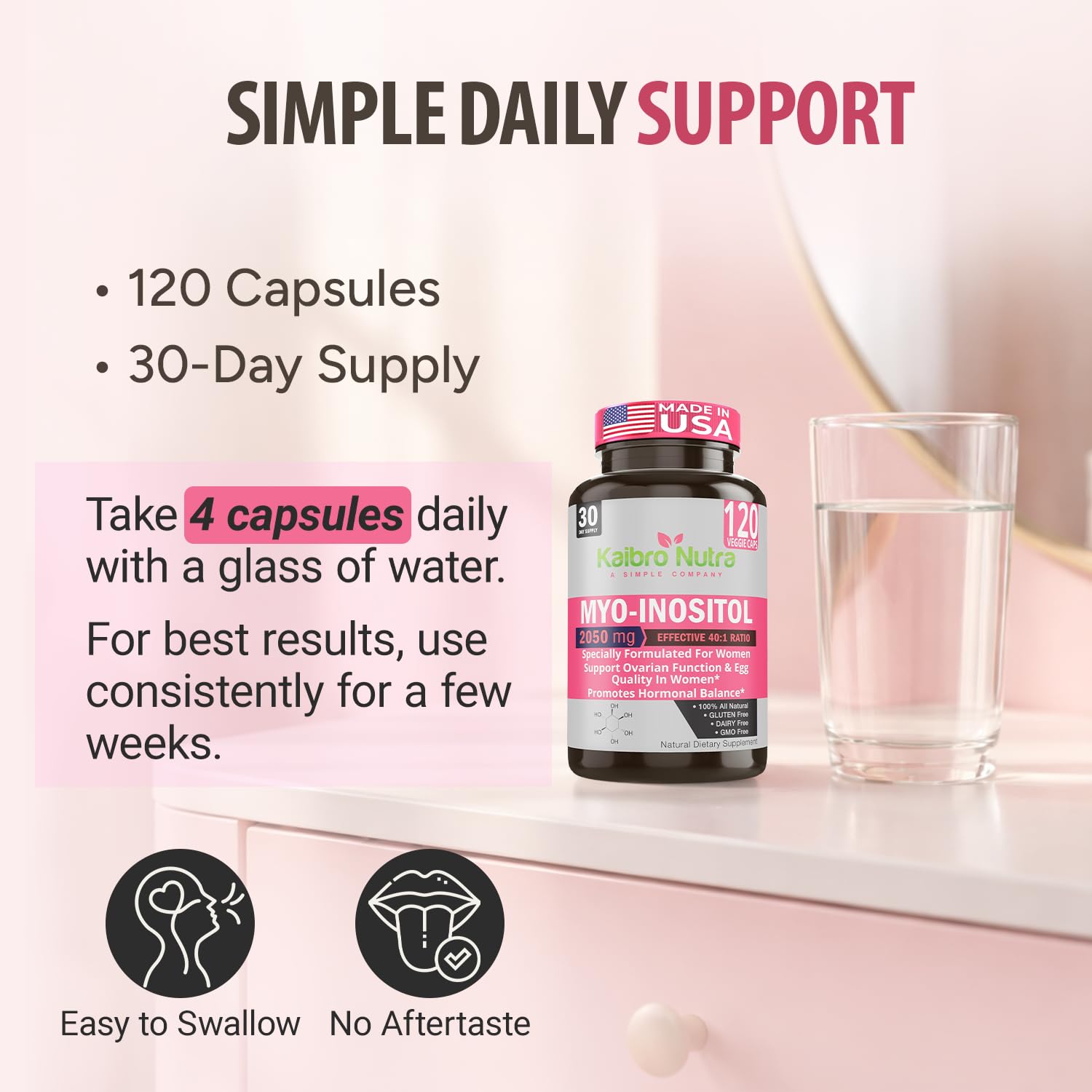 Kaibro Nutra Myo-Inositol Supplement, Myo-Inositol & D-Chiro Inositol 40:1 Ratio, Hormone Balance & Ovarian Support for Women with Vitamin B8, 2050mg, Vegan, Non-GMO Capsules 120 Count - Maple Wellness Supplements