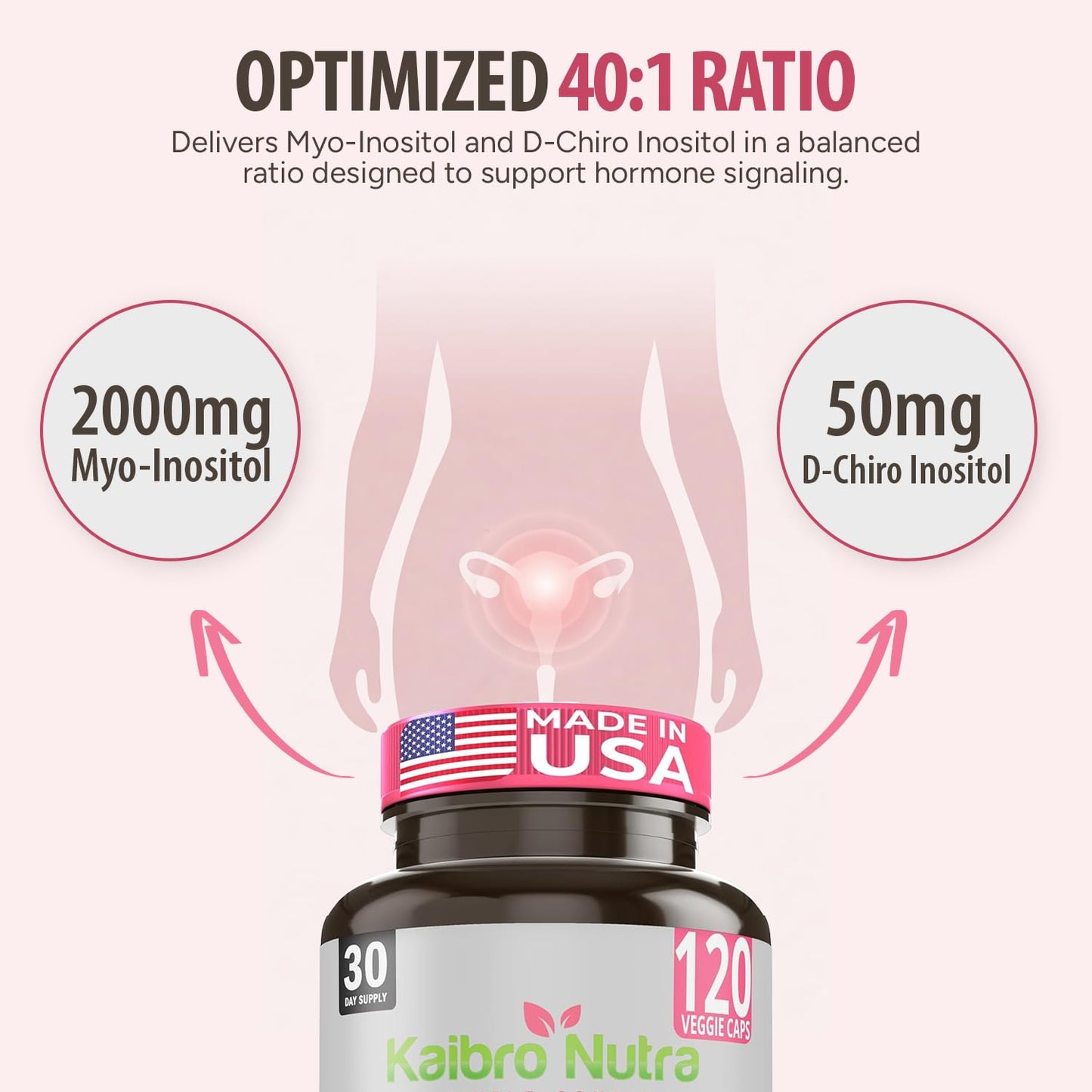 Kaibro Nutra Myo-Inositol Supplement, Myo-Inositol & D-Chiro Inositol 40:1 Ratio, Hormone Balance & Ovarian Support for Women with Vitamin B8, 2050mg, Vegan, Non-GMO Capsules 120 Count - Maple Wellness Supplements
