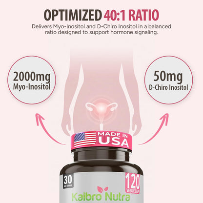 Kaibro Nutra Myo-Inositol Supplement, Myo-Inositol & D-Chiro Inositol 40:1 Ratio, Hormone Balance & Ovarian Support for Women with Vitamin B8, 2050mg, Vegan, Non-GMO Capsules 120 Count - Maple Wellness Supplements