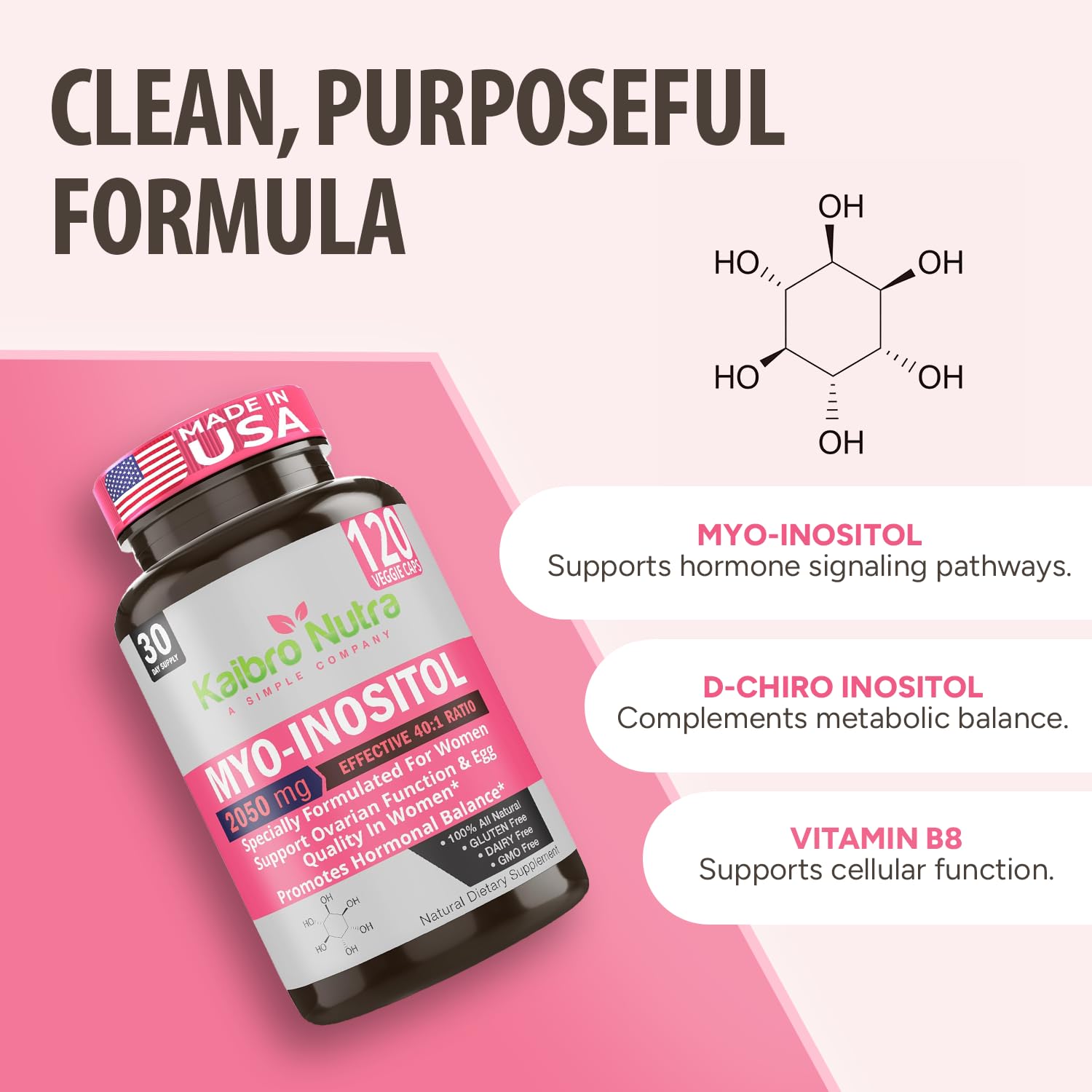 Kaibro Nutra Myo-Inositol Supplement, Myo-Inositol & D-Chiro Inositol 40:1 Ratio, Hormone Balance & Ovarian Support for Women with Vitamin B8, 2050mg, Vegan, Non-GMO Capsules 120 Count - Maple Wellness Supplements