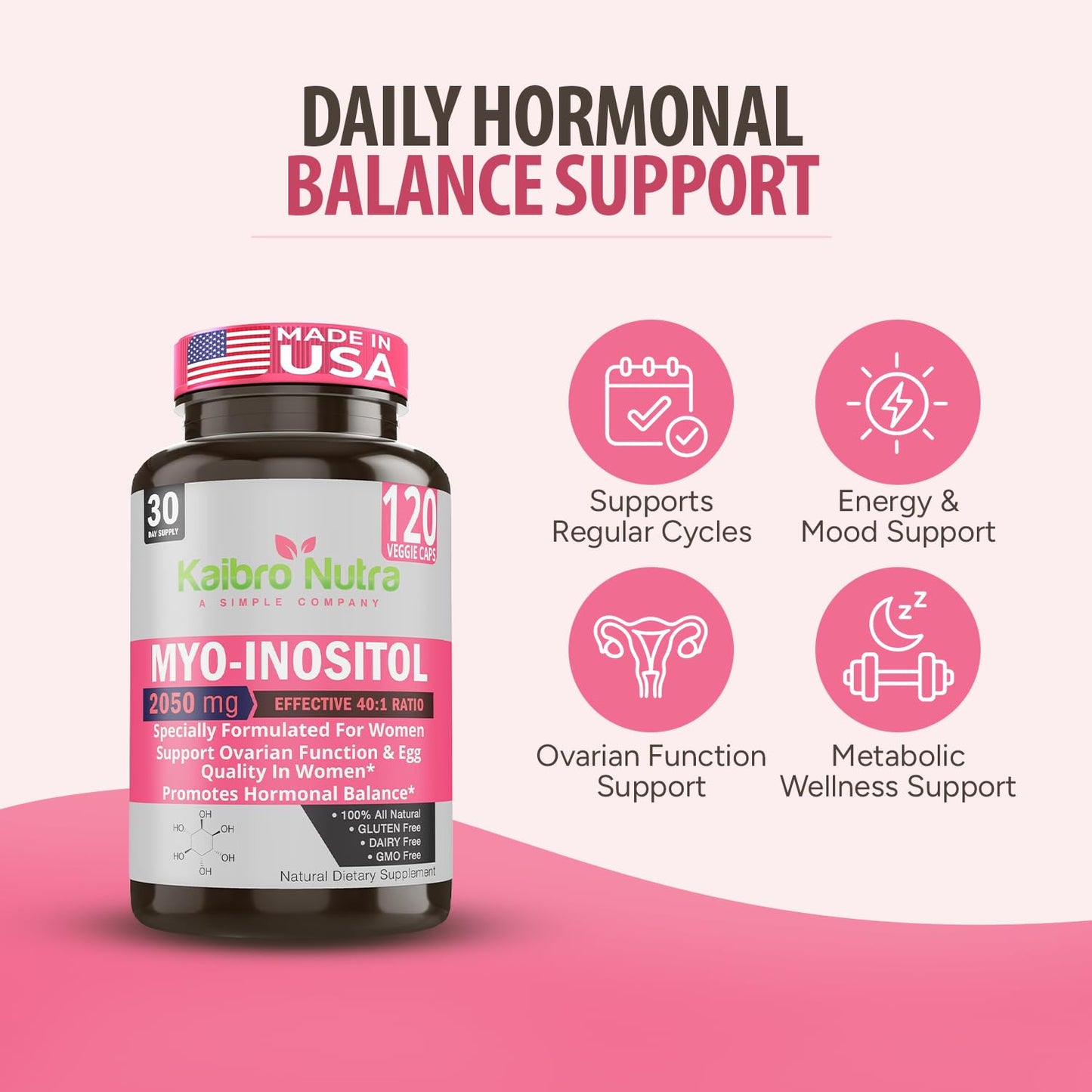 Kaibro Nutra Myo-Inositol Supplement, Myo-Inositol & D-Chiro Inositol 40:1 Ratio, Hormone Balance & Ovarian Support for Women with Vitamin B8, 2050mg, Vegan, Non-GMO Capsules 120 Count - Maple Wellness Supplements