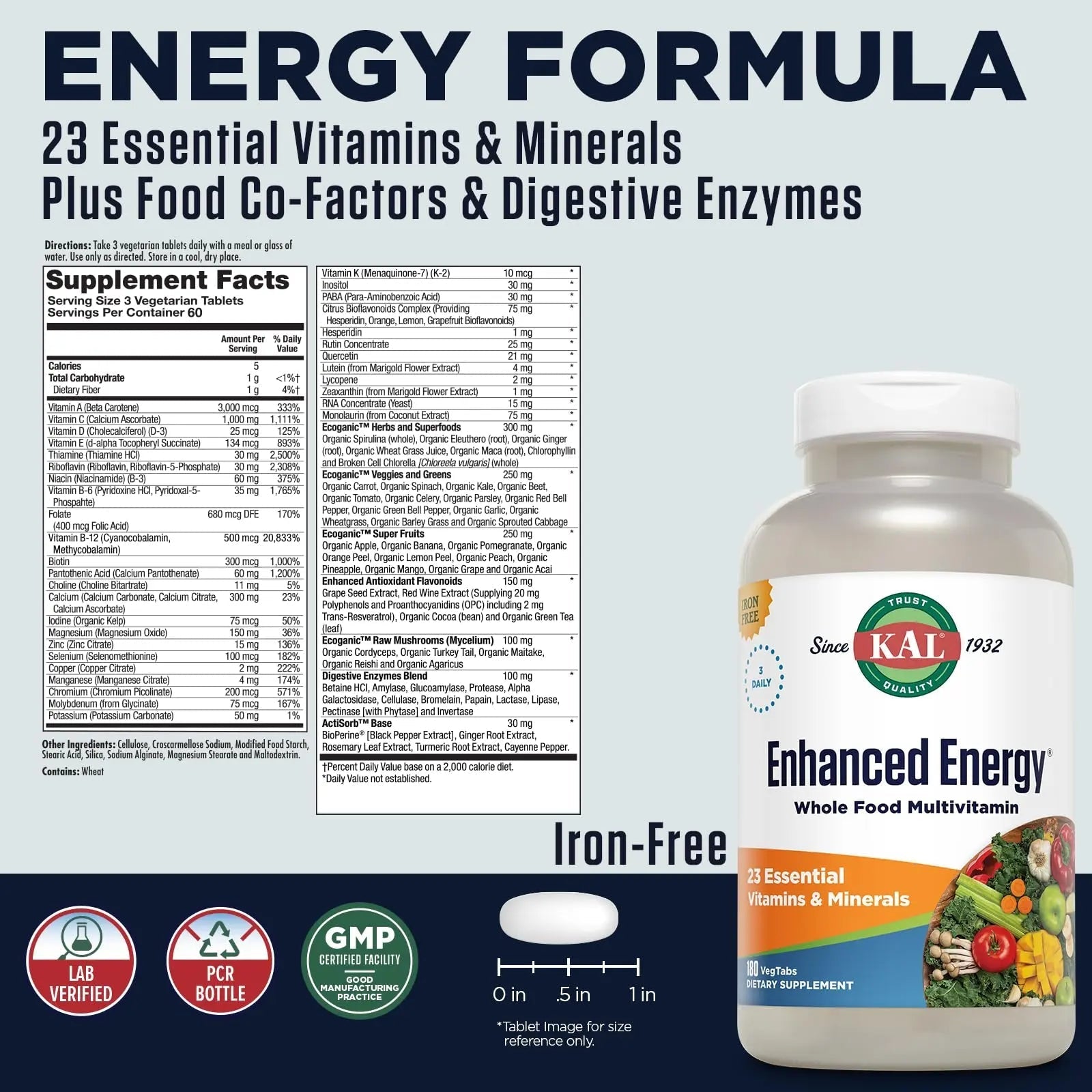 KAL® Enhanced Energy Multivitamin | Whole Food Based Vitamins & Minerals w/ Antioxidants, Digestive Enzymes & Natural Carotenoids | 180 Capsules - Maple Wellness Supplements