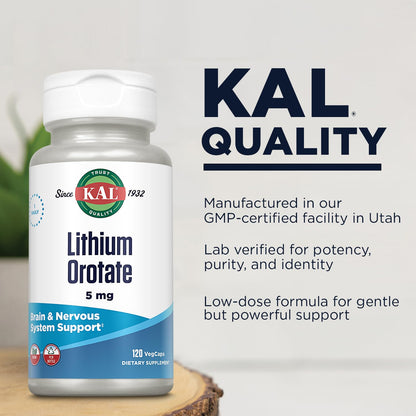 KAL Lithium Orotate 5 milligrams | Low Serving Of Chelated Lithium Orotate For Bioavailability and Mood Support | In Organic Rice Bran Extract Base | 120 VegCaps - Maple Wellness Supplements