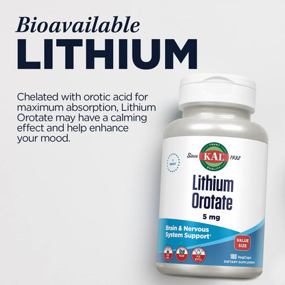 KAL Lithium Orotate 5mg, Low Dose Lithium Supplement for General Wellness Mood Support, Highly Bioavailable, Vegan, 60-Day Guarantee, - Maple Wellness Supplements