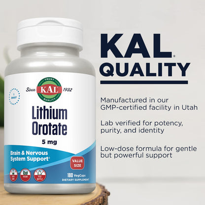 KAL Lithium Orotate 5mg, Low Dose Lithium Supplement for General Wellness Mood Support, Highly Bioavailable, Vegan, 60-Day Guarantee, - Maple Wellness Supplements
