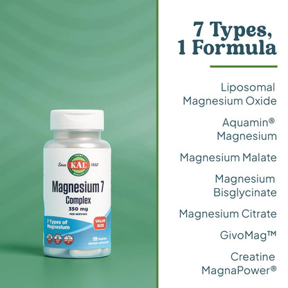 KAL Magnesium Complex 7 - Total Complex with Magnesium Glycinate, Citrate, Malate and More - Relaxation and Whole Body Support Supplements - Vegan, 60-Day Guarantee - 60 Servings - 120 VegCaps - Maple Wellness Supplements