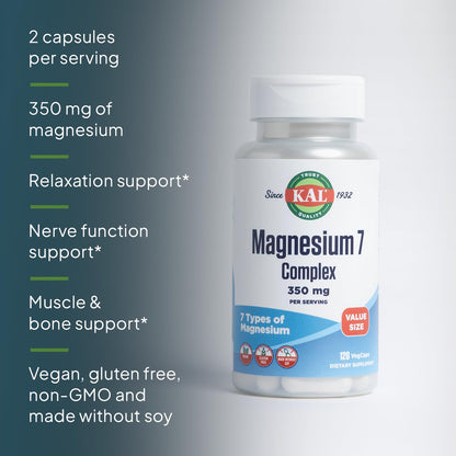 KAL Magnesium Complex 7 - Total Complex with Magnesium Glycinate, Citrate, Malate and More - Relaxation and Whole Body Support Supplements - Vegan, 60-Day Guarantee - 60 Servings - 120 VegCaps - Maple Wellness Supplements