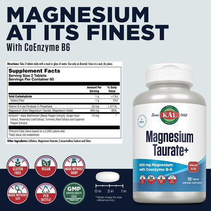 KAL Magnesium Taurate 400mg Plus Vitamin B6, Chelated Magnesium Supplement, High Absorption Magnesium Complex, Muscle and Heart Health Support, Vegan, Gluten Free, - Maple Wellness Supplements