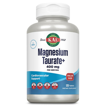 KAL Magnesium Taurate 400mg Plus Vitamin B6, Chelated Magnesium Supplement, High Absorption Magnesium Complex, Muscle and Heart Health Support, Vegan, Gluten Free, - Maple Wellness Supplements